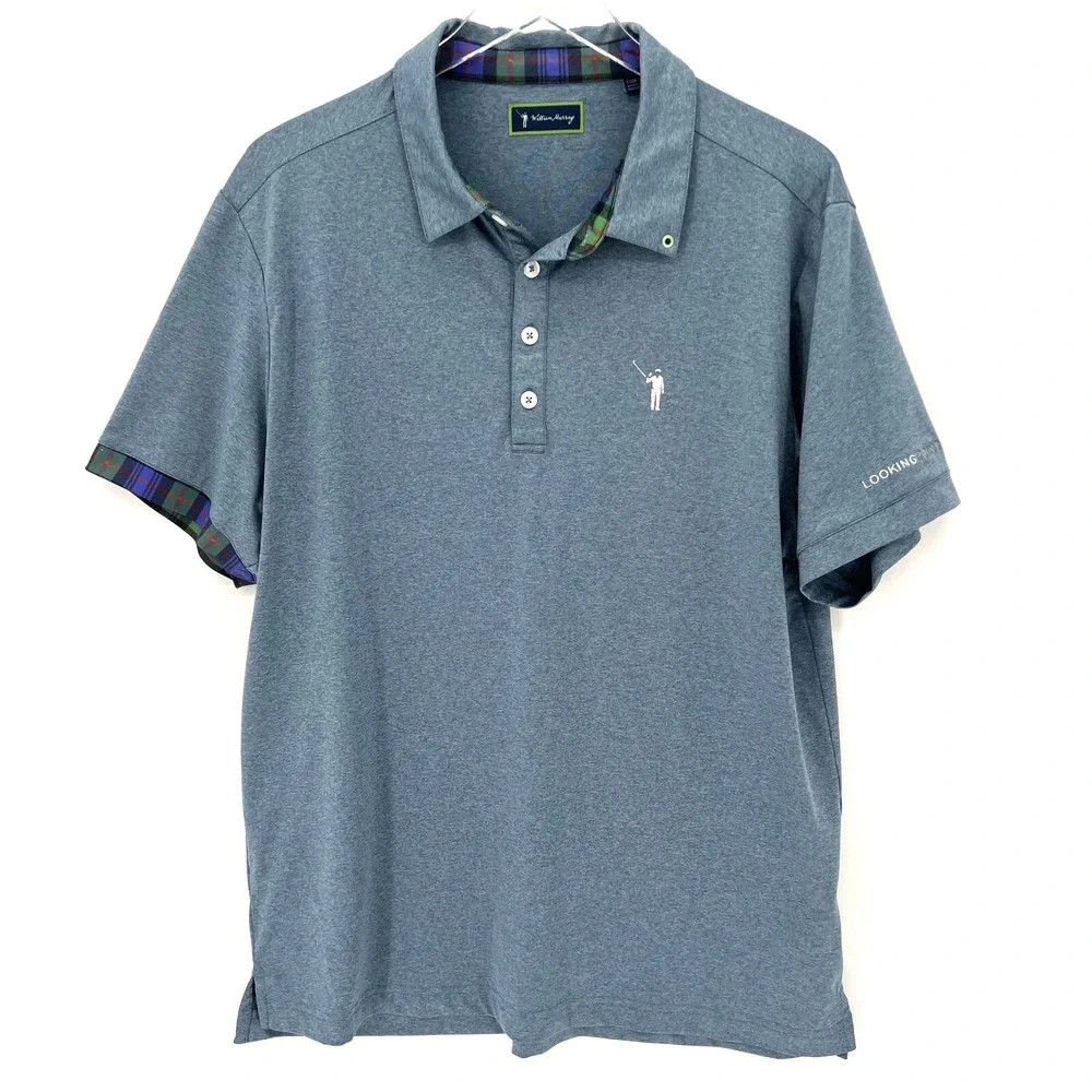 William Murray Golf Polo Mens Large‎ Shirt Performance Stretch Blue Plaid Trim